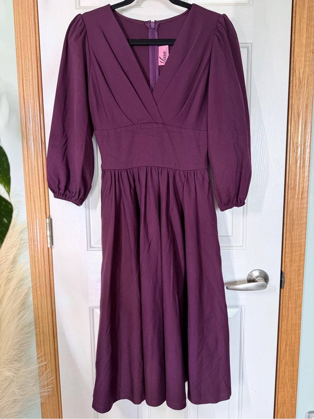 Vixen by Micheline Pitt Plum V-Neck Midi Dress with Puff Sleeves